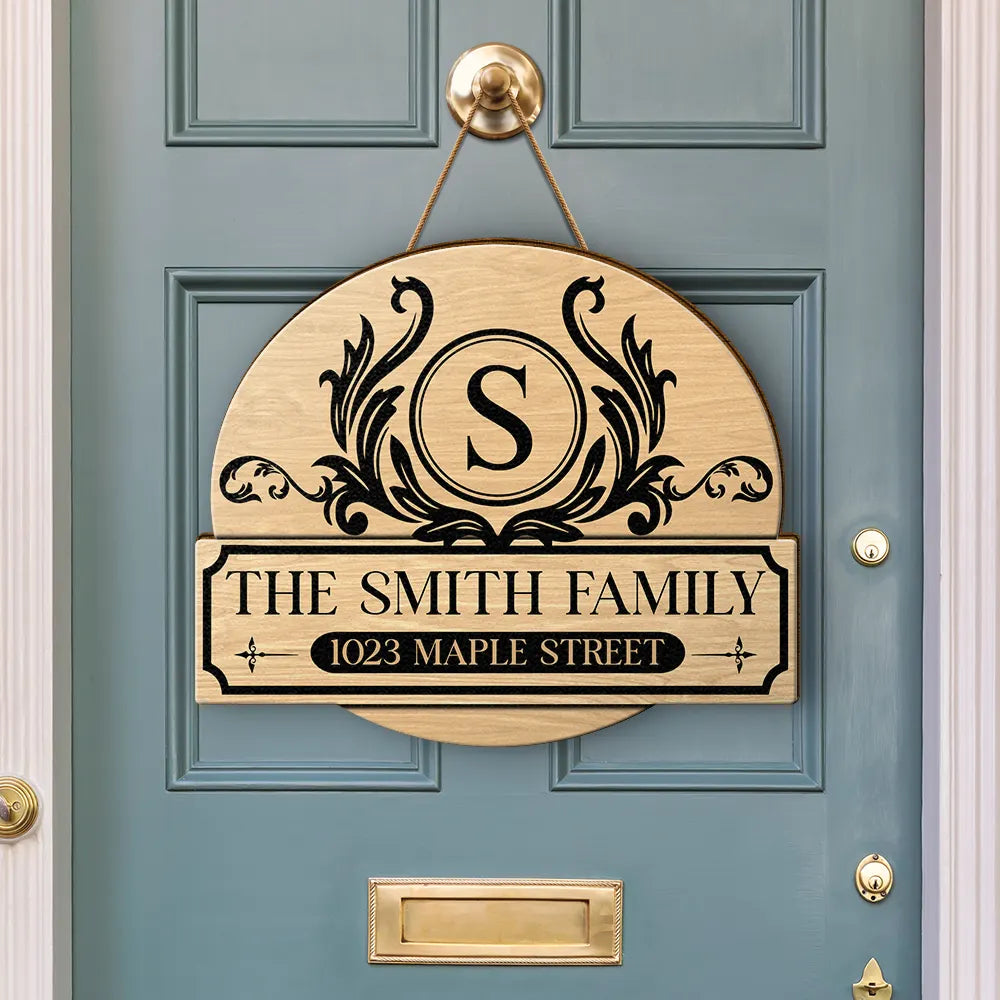 Family,Happy - Family Monogram With Address - Personalized Custom Shaped Wood Sign