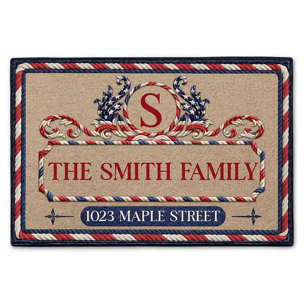 Independence Day,America 250th,Family,Happy - Family Monogram With Address Stars & Stripes - Personalized Doormat