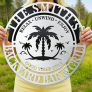 Gift For Couples,Gift For Husband,Gift For Wife,Family,Poolside - Family Name Poolside Oasis - Personalized Cutout Metal Sign