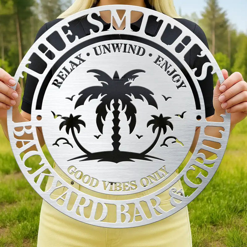 Gift For Couples,Gift For Husband,Gift For Wife,Family,Poolside - Family Name Poolside Oasis - Personalized Cutout Metal Sign