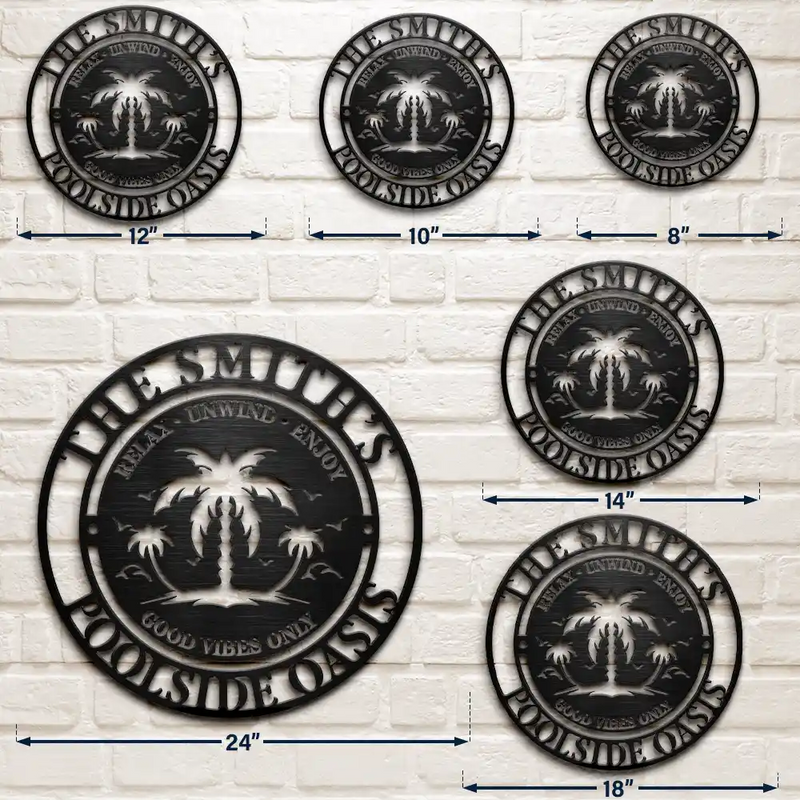 Gift For Couples,Gift For Husband,Gift For Wife,Family,Poolside - Family Name Poolside Oasis - Personalized Cutout Metal Sign