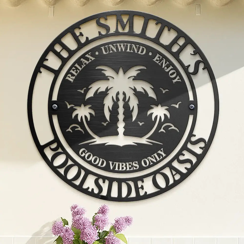 Gift For Couples,Gift For Husband,Gift For Wife,Family,Poolside - Family Name Poolside Oasis - Personalized Cutout Metal Sign