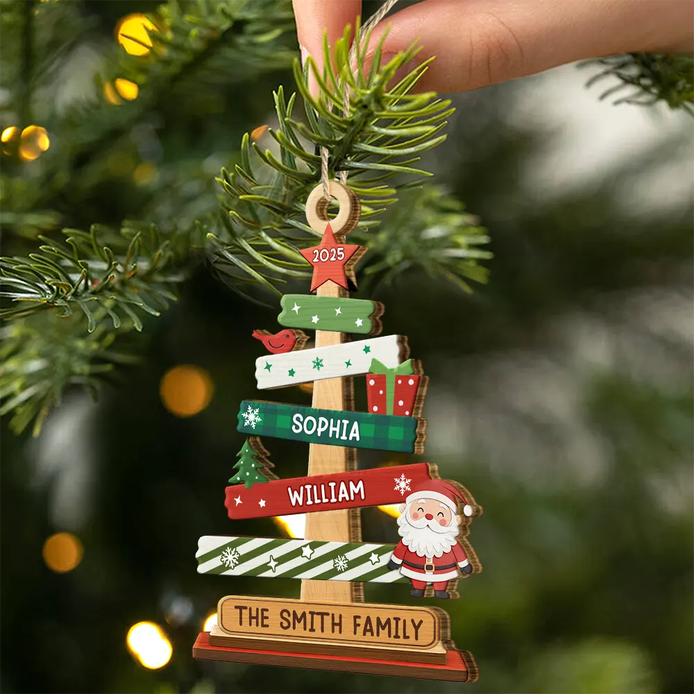 Family,Parents,Gift For Grandparents,Gift For Kids,Gift For Sibling,Gift For Brothers,Gift For Sisters,Christmas,Happy - Family Names Christmas Tree - Personalized Custom Shaped Wooden Ornament