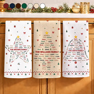 Gifts For Her,Christmas,Gift For Yourself,Gift For Women,Custom Text,Happy - Family Names Christmas Tree - Personalized Kitchen Towel