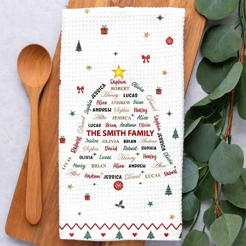 Gifts For Her,Christmas,Gift For Yourself,Gift For Women,Custom Text,Happy - Family Names Christmas Tree - Personalized Kitchen Towel