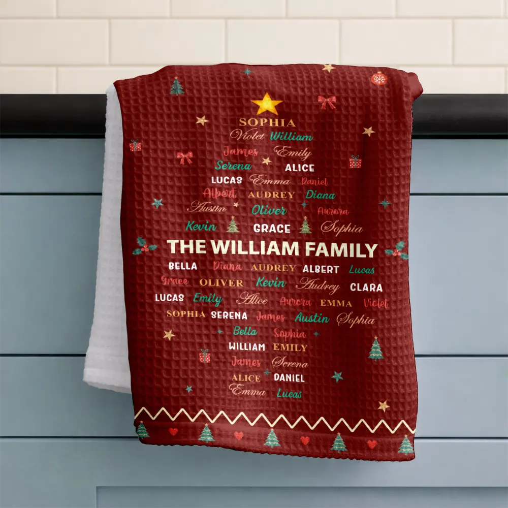 Gifts For Her,Christmas,Gift For Yourself,Gift For Women,Custom Text,Happy - Family Names Christmas Tree - Personalized Kitchen Towel