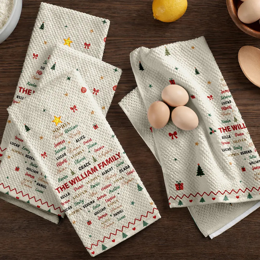 Gifts For Her,Christmas,Gift For Yourself,Gift For Women,Custom Text,Happy - Family Names Christmas Tree - Personalized Kitchen Towel