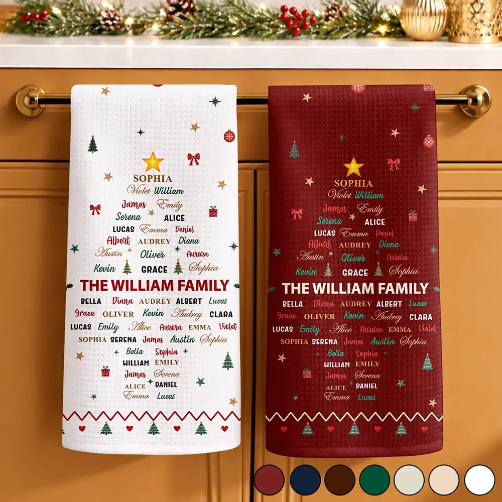Gifts For Her,Christmas,Gift For Yourself,Gift For Women,Custom Text,Happy - Family Names Christmas Tree - Personalized Kitchen Towel