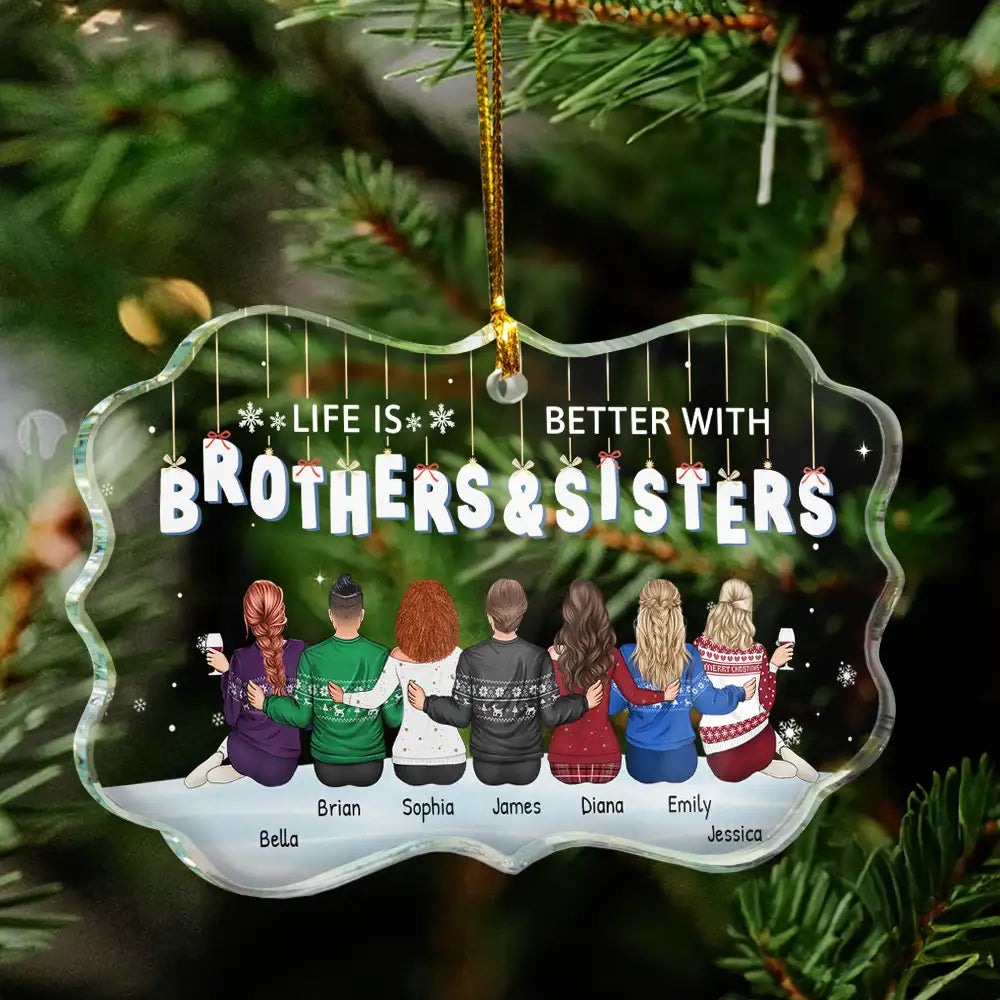 Christmas, Gift For Sibling, Gift For Sisters, Gift For Brothers, Family, Happy - Family Never Apart Maybe In Distance - Personalized Medallion Glass Ornament