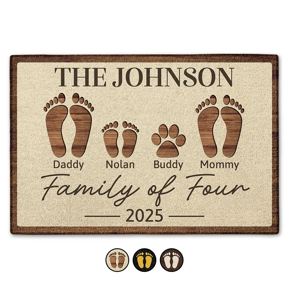 Family Of Four Footprints Kids And Pets Custom Names - Personalized Doormat