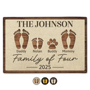 Family,Gift For Couples,Happy - Family Of Four Footprints Kids And Pets Custom Names - Personalized Doormat