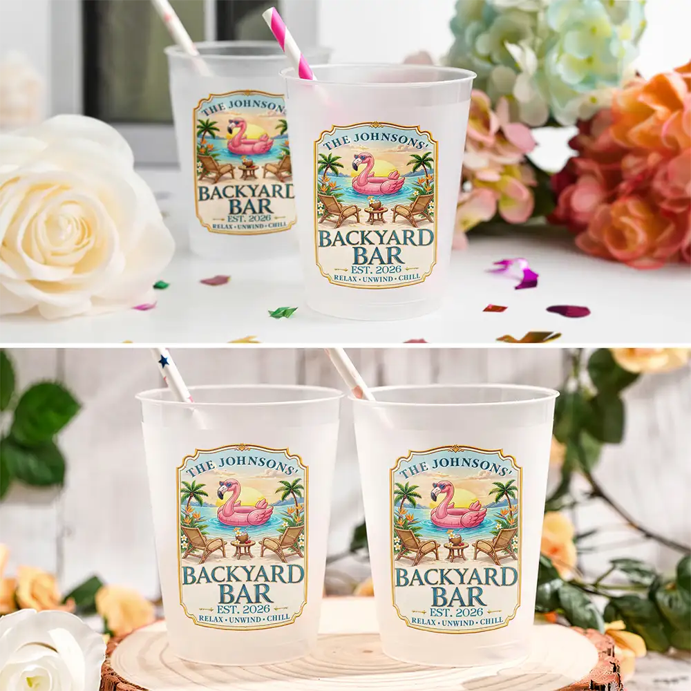 Top Market,Family,Outdoor Decor,Custom Text,Happy - Family Poolside Paradise Backyard Flamingo Party Cups - Personalized Frosted Cups