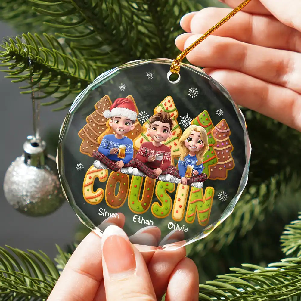 Christmas,Family,Happy - Family Sitting Cake Cookie Tree - Personalized Circle Glass Ornament