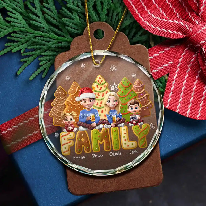 Christmas,Family,Happy - Family Sitting Cake Cookie Tree - Personalized Circle Glass Ornament