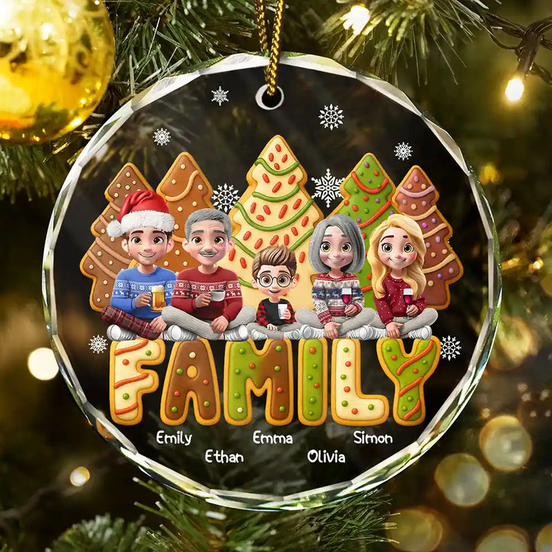 Christmas,Family,Happy - Family Sitting Cake Cookie Tree - Personalized Circle Glass Ornament