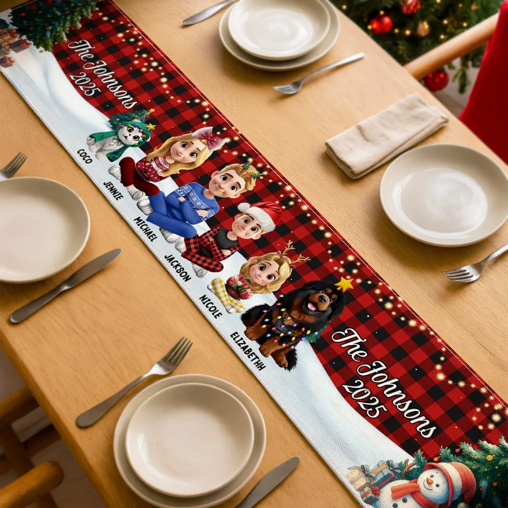 Family Sitting Christmas Plaid Pattern - Personalized Table Runner