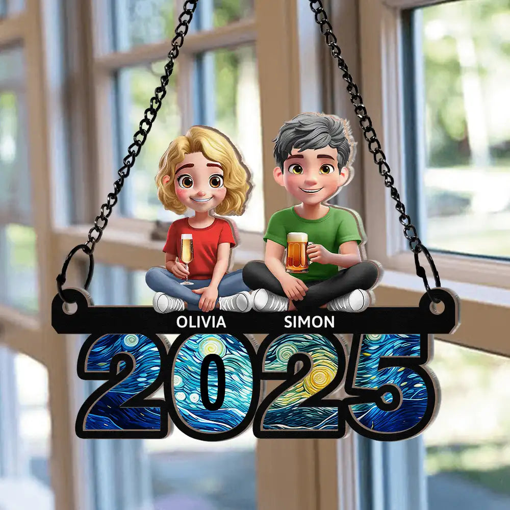 Family,Happy - Family Sitting On Year 3D Effect - Personalized Window Hanging Suncatcher Ornament