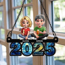Family,Happy - Family Sitting On Year 3D Effect - Personalized Window Hanging Suncatcher Ornament
