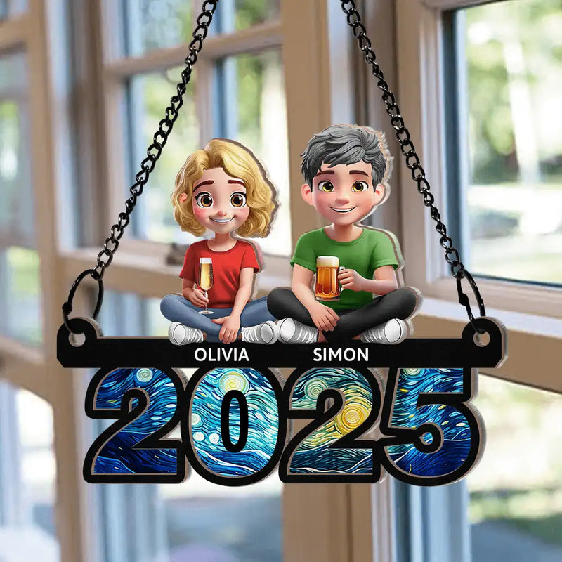 Family,Happy - Family Sitting On Year 3D Effect - Personalized Window Hanging Suncatcher Ornament