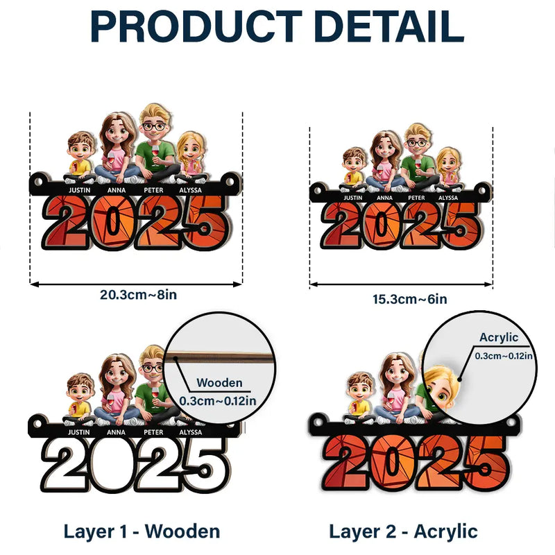 Family,Happy - Family Sitting On Year 3D Effect - Personalized Window Hanging Suncatcher Ornament