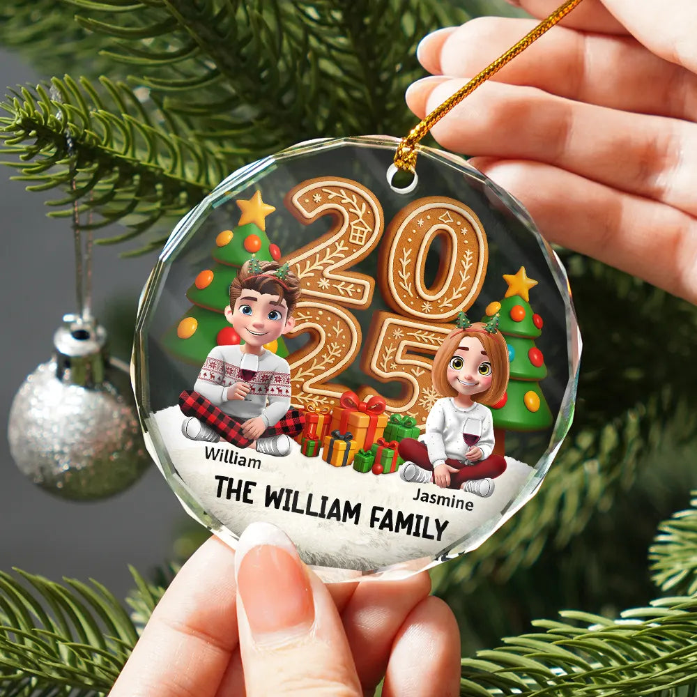 Christmas,Family,Happy - Family Sitting Together - Personalized Circle Glass Ornament
