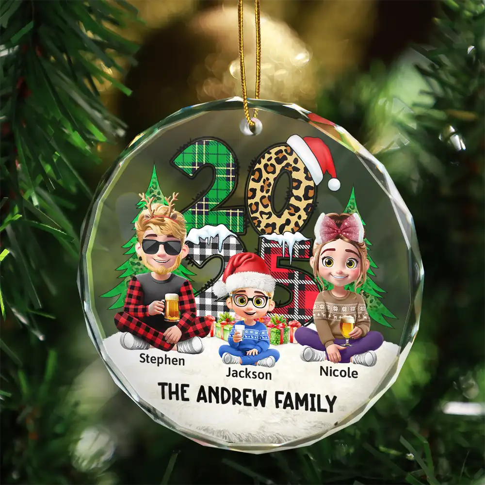 Christmas,Family,Happy - Family Sitting Together - Personalized Circle Glass Ornament