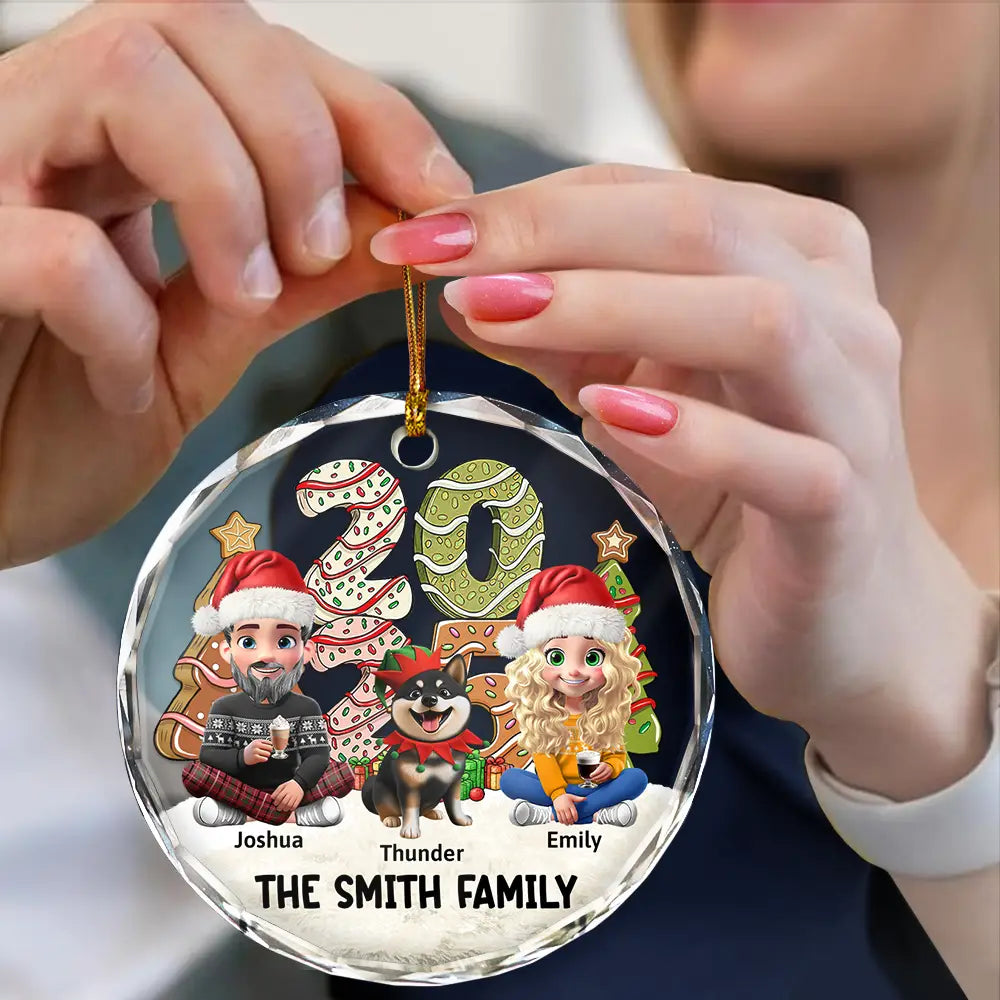 Christmas,Family,Happy - Family Sitting Together - Personalized Circle Glass Ornament