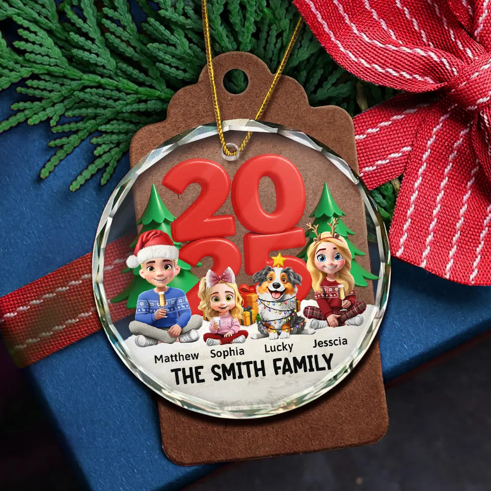 Christmas,Family,Happy - Family Sitting Together - Personalized Circle Glass Ornament