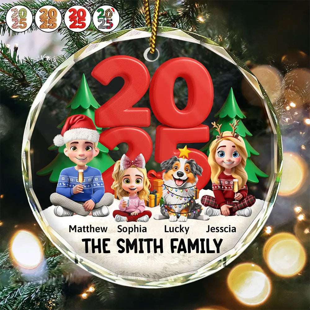 Family Sitting Together - Personalized Circle Glass Ornament