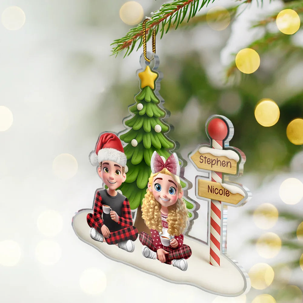 Family,Happy,Christmas,Pet Lovers - Family Sitting Together Sign Post - Personalized Custom Shaped Acrylic Ornament