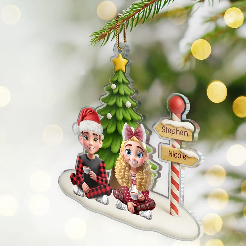 Family,Happy,Christmas,Pet Lovers - Family Sitting Together Sign Post - Personalized Custom Shaped Acrylic Ornament