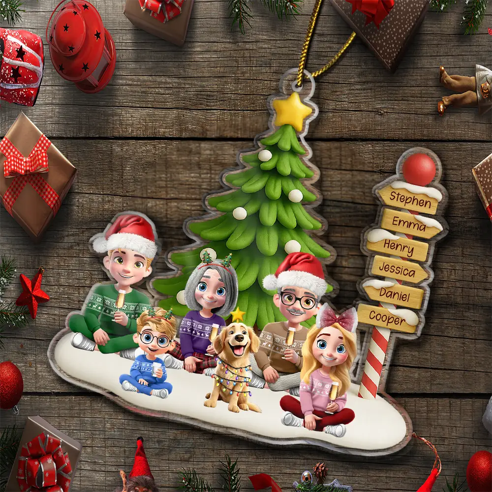 Family,Happy,Christmas,Pet Lovers - Family Sitting Together Sign Post - Personalized Custom Shaped Acrylic Ornament