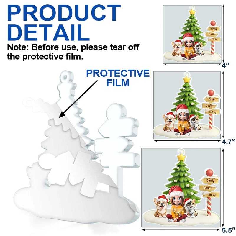 Family,Happy,Christmas,Pet Lovers - Family Sitting Together Sign Post - Personalized Custom Shaped Acrylic Ornament