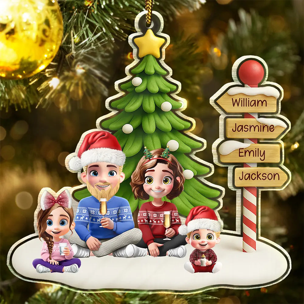 Family,Happy,Christmas,Pet Lovers - Family Sitting Together Sign Post - Personalized Custom Shaped Acrylic Ornament