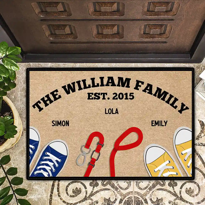 Gift For Mother, Dog Mom, Cat Mom, Pet Mom, Mom - Children, Gift For Father, Dad - Children, Dog Dad, Cat Dad, Pet Dad, Gift For Grandparents, Parents, Gift For Grandpa, Grandpa - Grandkids, Gift For Grandma, Grandma - Grandkids, Dog Lovers, Dog Couple, Cat Lovers, Cat Couple - Family Sneakers And Pet Leash - Personalized Doormat