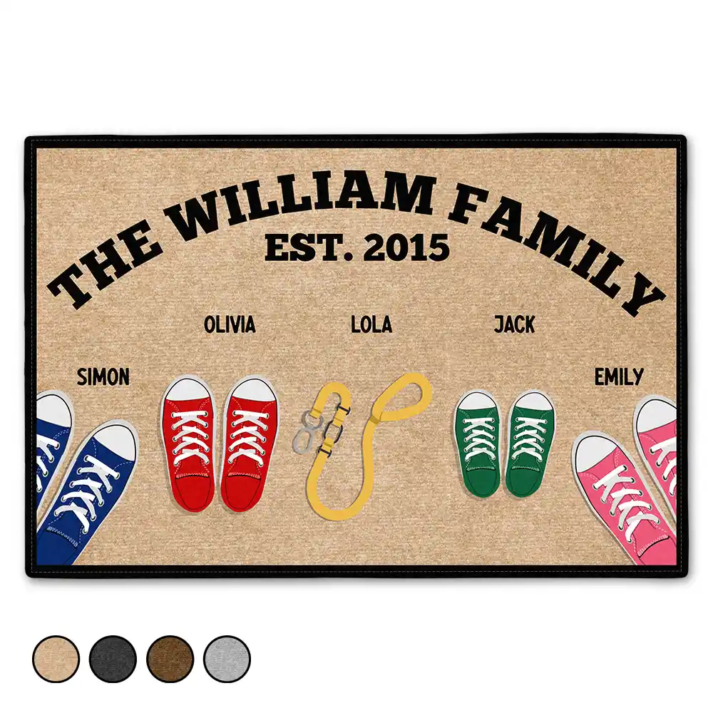 Gift For Mother, Dog Mom, Cat Mom, Pet Mom, Mom - Children, Gift For Father, Dad - Children, Dog Dad, Cat Dad, Pet Dad, Gift For Grandparents, Parents, Gift For Grandpa, Grandpa - Grandkids, Gift For Grandma, Grandma - Grandkids, Dog Lovers, Dog Couple, Cat Lovers, Cat Couple - Family Sneakers And Pet Leash - Personalized Doormat