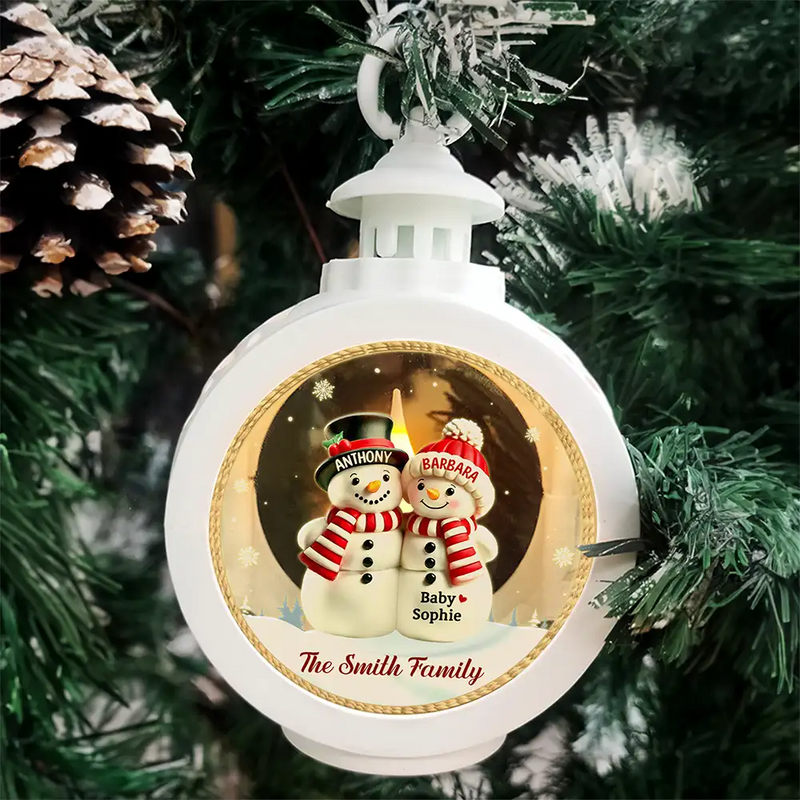 Happy,Family,Christmas - Family Snowman - Personalized Candlelight Lantern Ornament