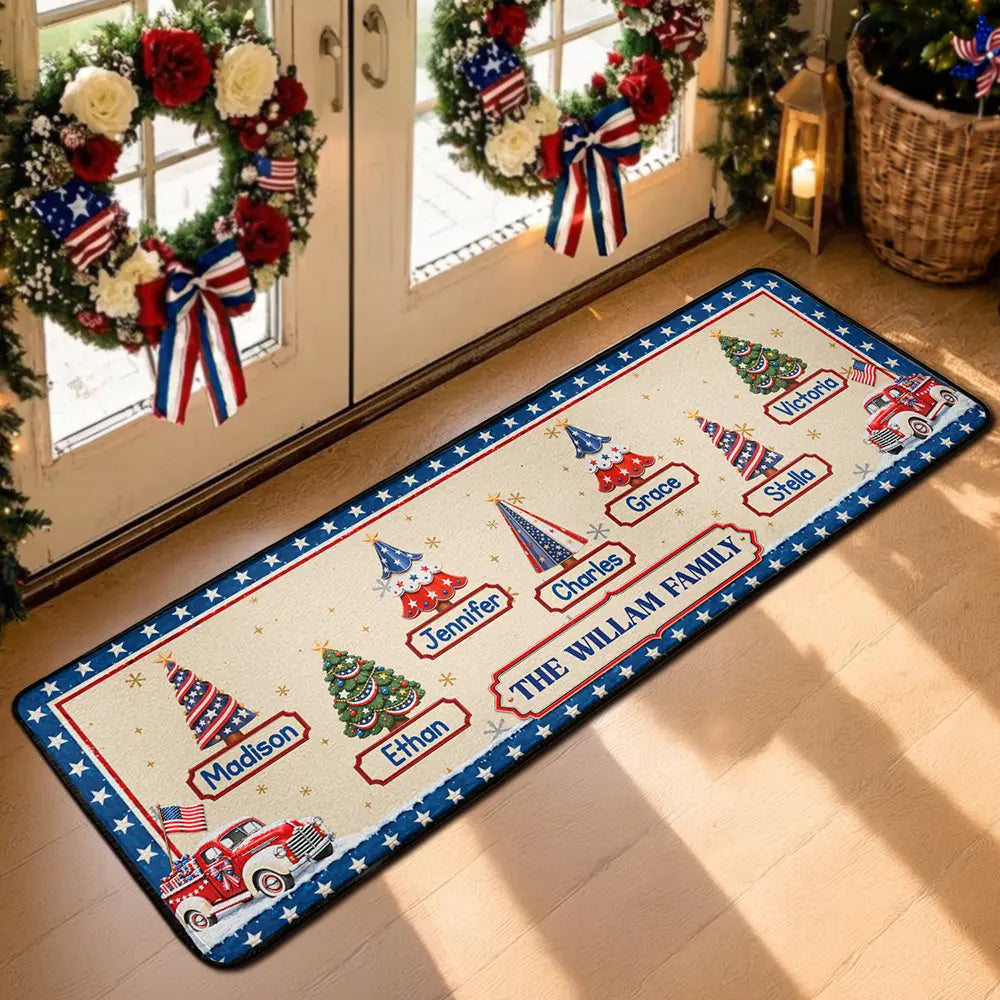 Family Stars & Stripes Christmas Trees - Personalized Runner Rug