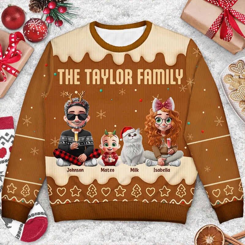Christmas, Family, Pet Couple, Happy - Family Together Christmas Gingerbread Pattern - Personalized Unisex Ugly Sweater