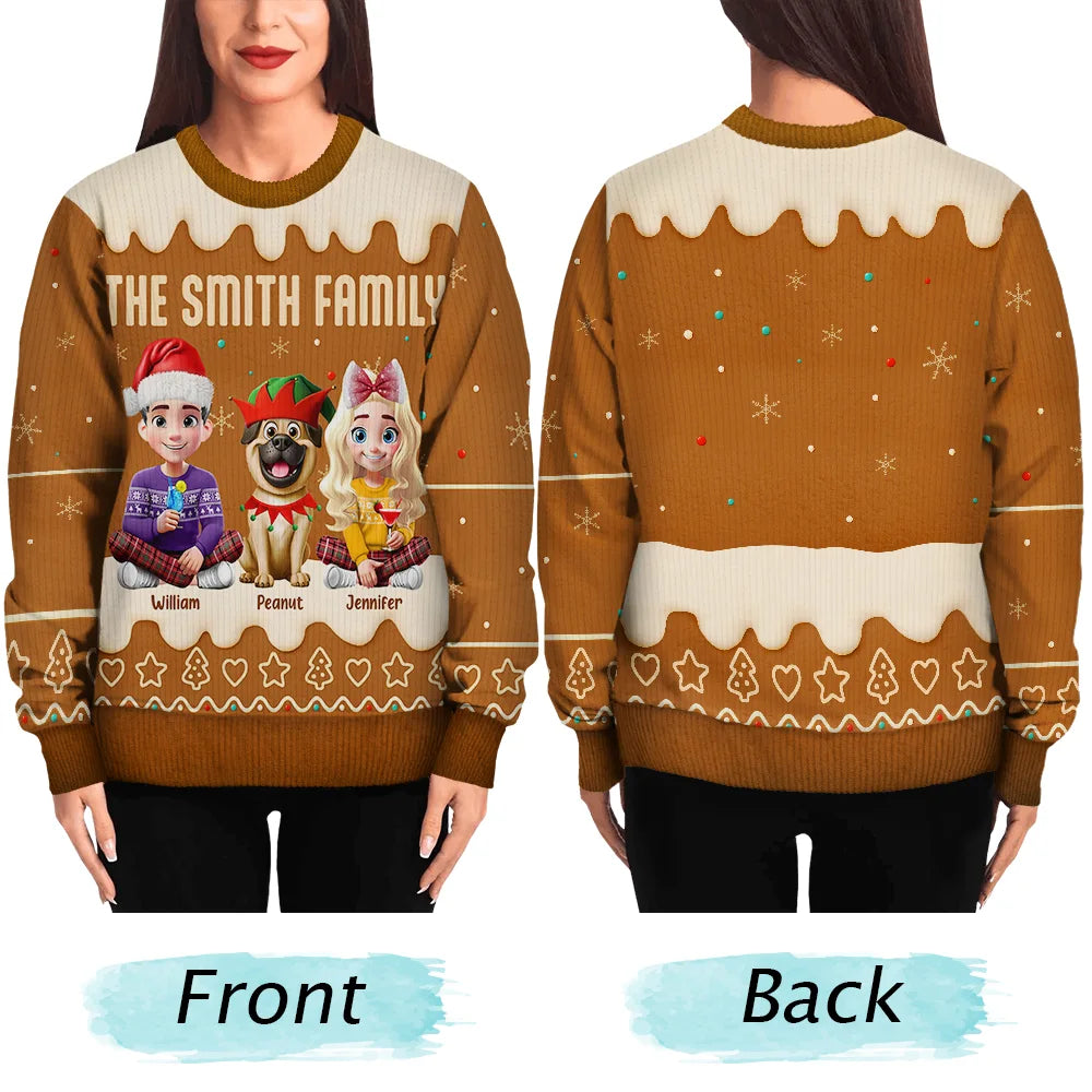 Christmas, Family, Pet Couple, Happy - Family Together Christmas Gingerbread Pattern - Personalized Unisex Ugly Sweater