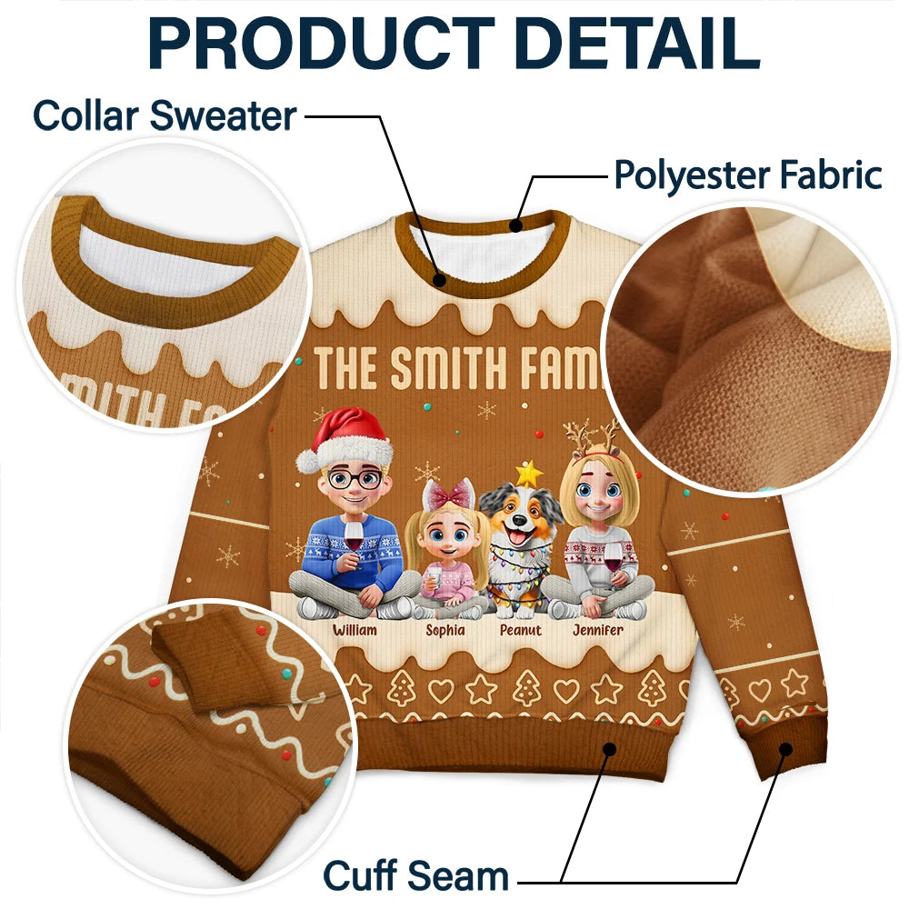 Christmas, Family, Pet Couple, Happy - Family Together Christmas Gingerbread Pattern - Personalized Unisex Ugly Sweater