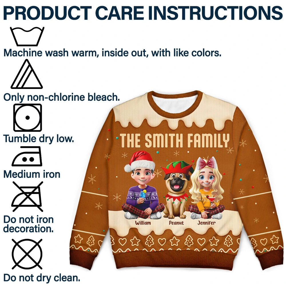 Christmas, Family, Pet Couple, Happy - Family Together Christmas Gingerbread Pattern - Personalized Unisex Ugly Sweater