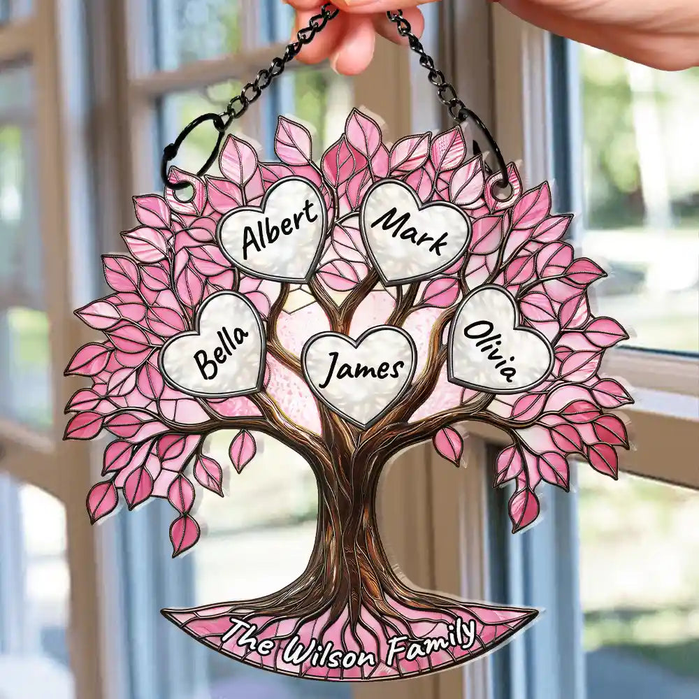 Family,Gift For Mother,Happy - Family Tree Of Life Where Life Begins And Love Never Ends - Personalized Window Hanging Suncatcher Ornament