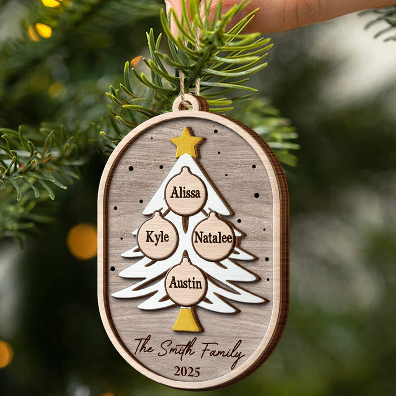 Christmas, Family, Happy - Family Tree Ornamnet - Personalized 2-Layered Wooden Ornament