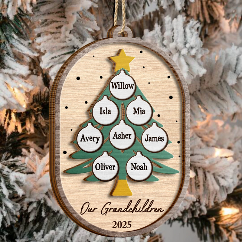 Christmas, Family, Happy - Family Tree Ornamnet - Personalized 2-Layered Wooden Ornament