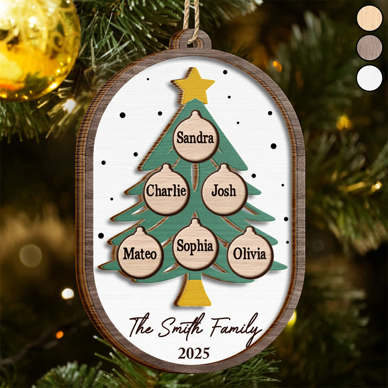 Christmas, Family, Happy - Family Tree Ornamnet - Personalized 2-Layered Wooden Ornament