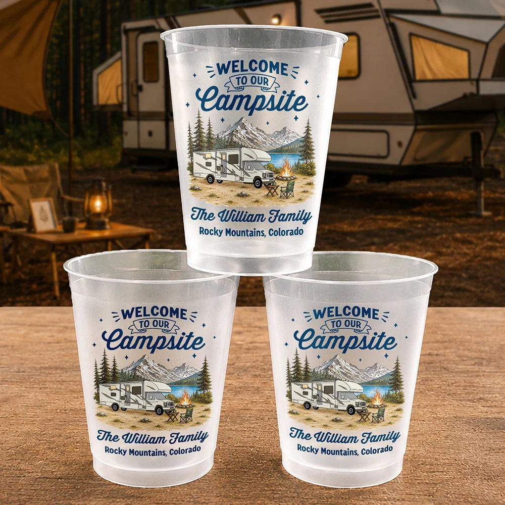 Summer, Top Market, Camping, Family, Cozy, Icon - Family Welcome To Our Campsite - Personalized Frosted Cups