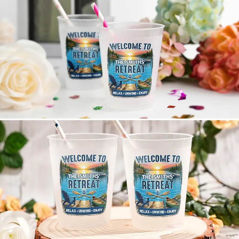 Top Market,Family,Summer,Outdoor Decor,Lake,Custom Text,Happy - Family Welcome To Our Lake House Party - Personalized Frosted Cups