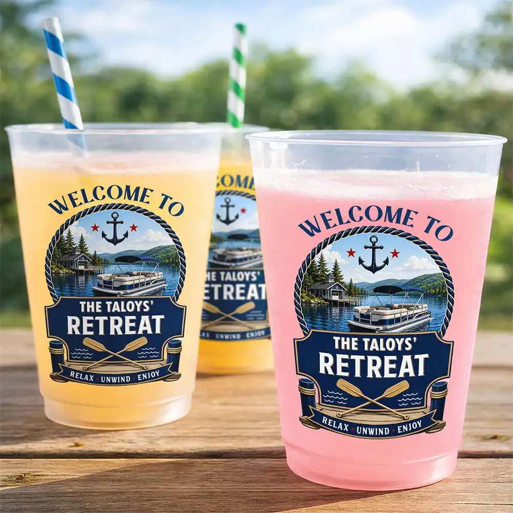 Family,Summer,Outdoor Decor,Lake,Custom Text,Happy - Family Welcome To Our Lake House Relax Unwind Enjoy - Personalized Frosted Cups