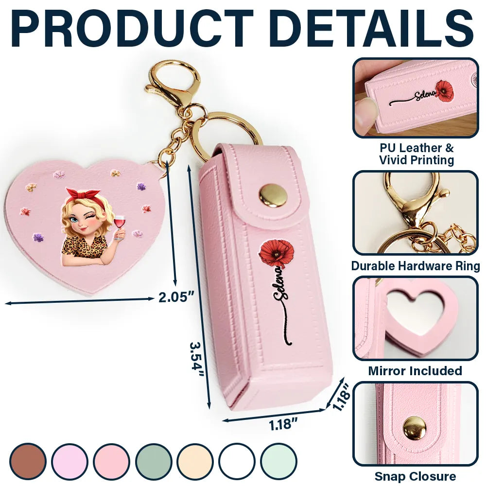 Gift For Women, Gift For Wife, Gift For Girlfriend, Love - Fancy Girl Woman Bloom In Love - Personalized Leather Lipstick Case Keychain With Mirror